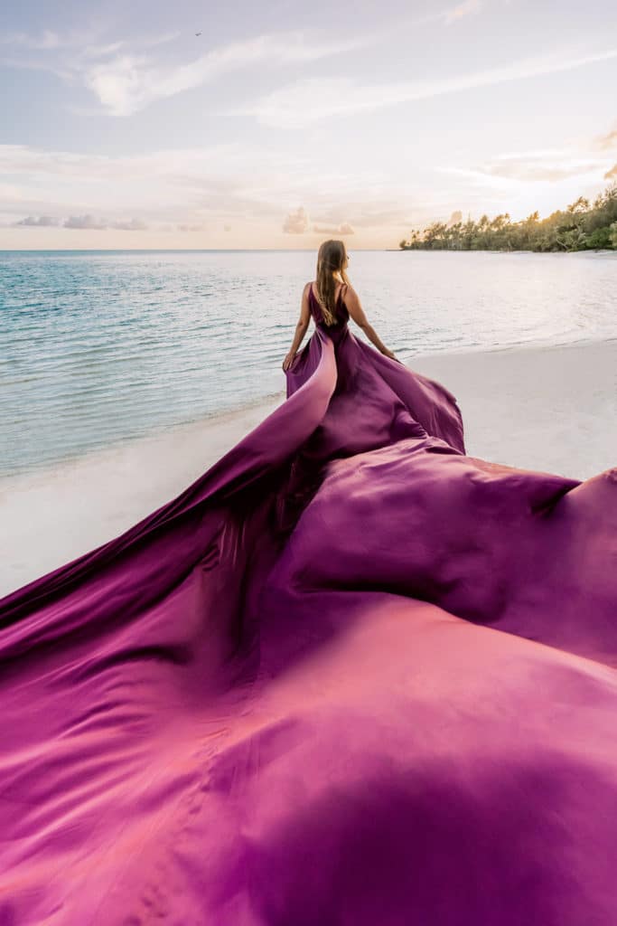Photoshoot in Bora Bora with maxi purple flying dress